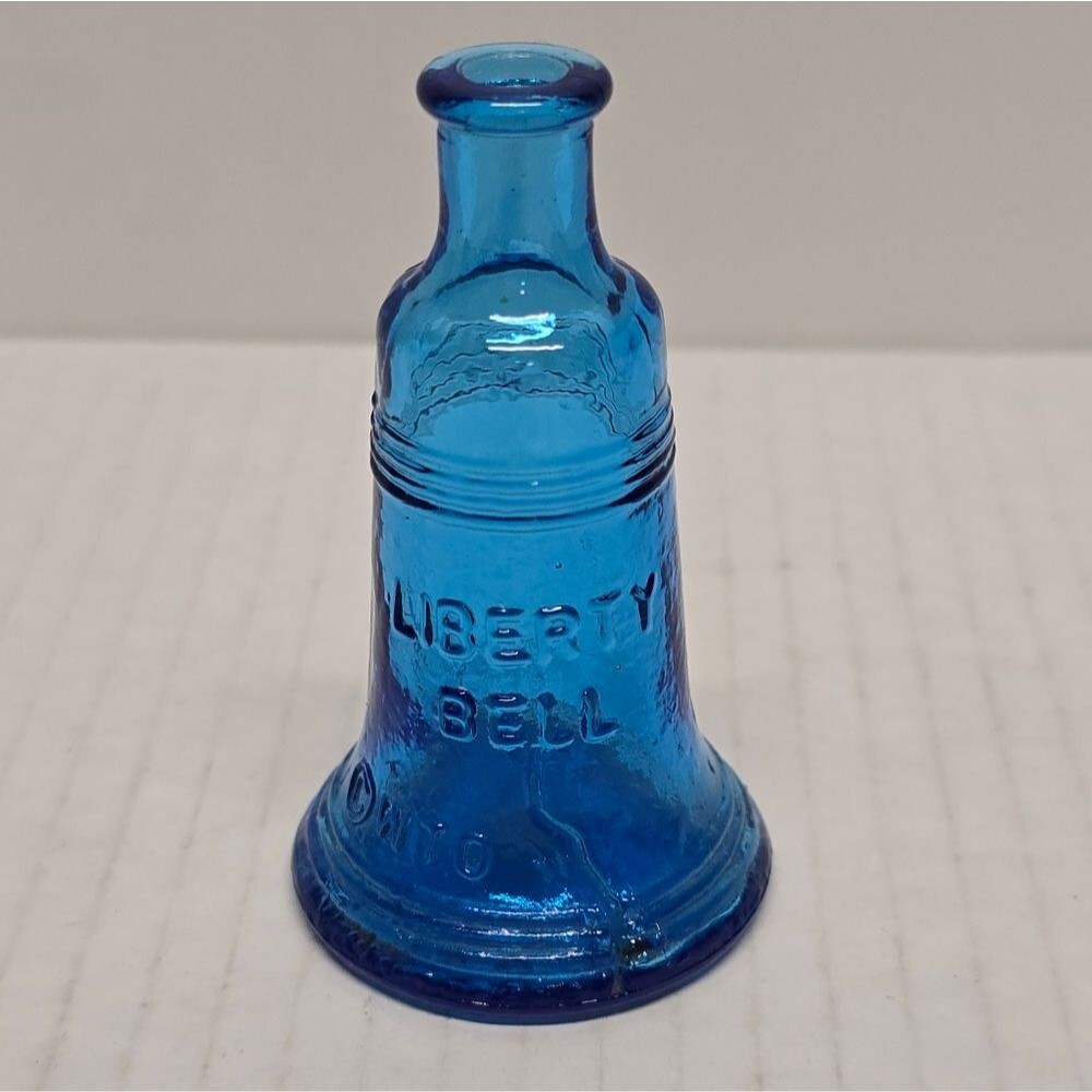 Vintage Wheaton Blue Glass Liberty Bell Bottle 3"